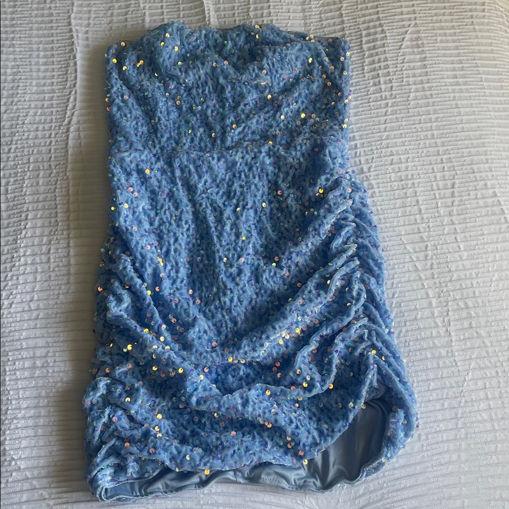 Blue Sequin Strapless Dress